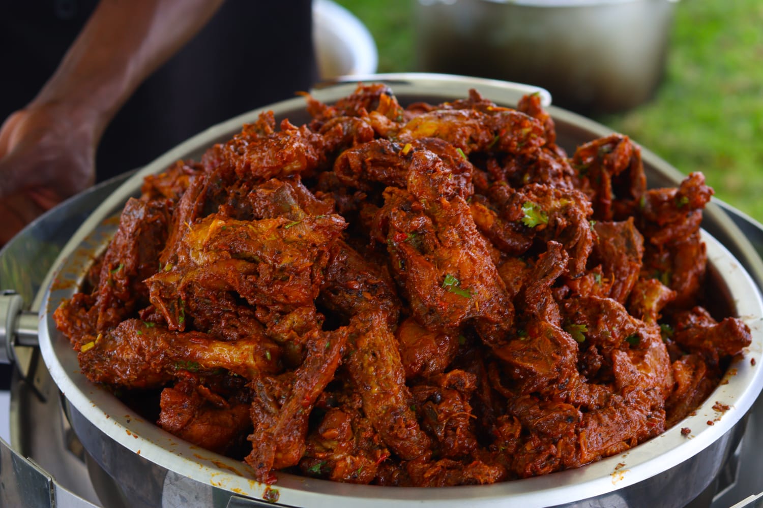 Chicken pieces with a rich sauce and herb garnish