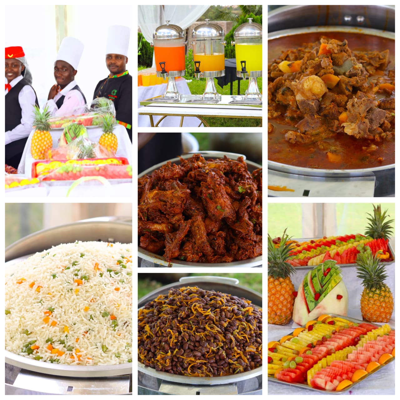 A collage of our team, buffet dishes, refreshments and fruit displays